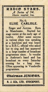 R. J. Lea Chairman JUNIORS Radio Stars Cigarette Card (1935). Reverse.