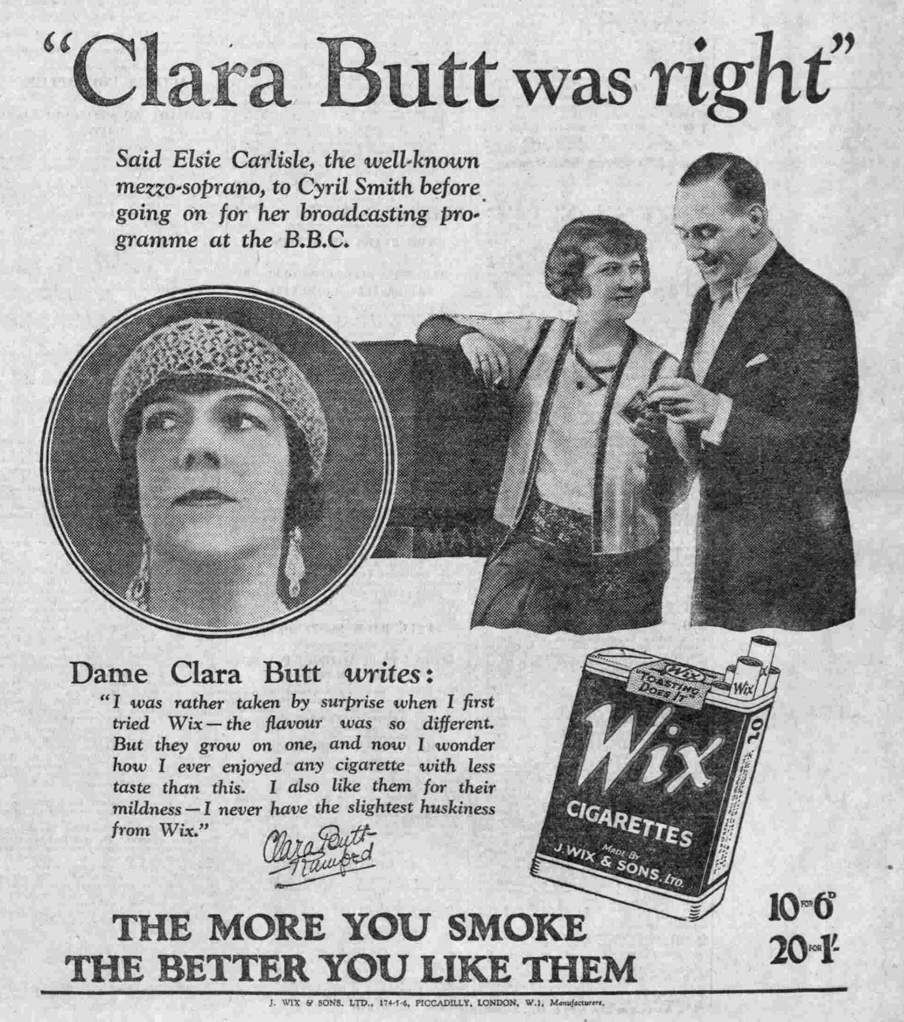 "Clara Butt was right." Cigarette advertisement from the Nottingham Evening Post (November 14, 1928)