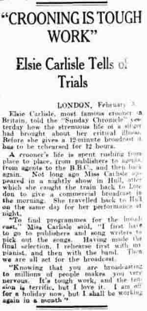 "'CROONING IS TOUGH WORK' - Elsie Carlisle Tells of Trials"