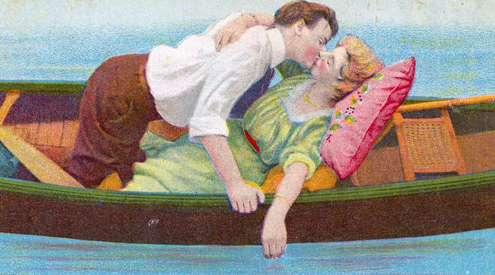 Print of man and woman kissing in a canoe ("canoedling")
