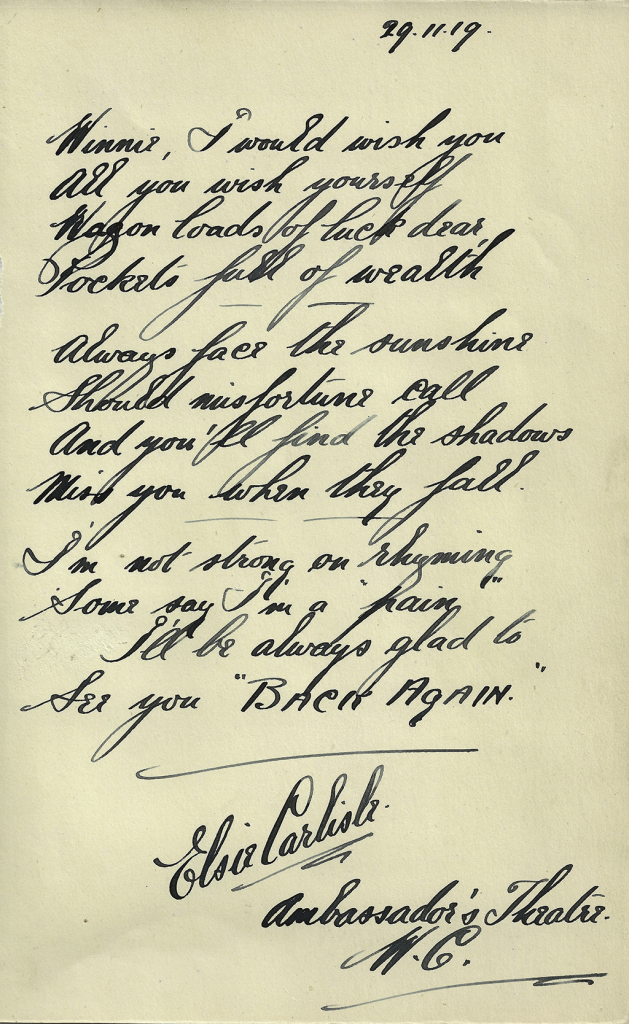 Songs lyrics handwritten by Elsie Carlisle on November 29, 1919.